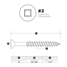 8 x 1-1/2-in Flat Head Square Drive Steel Wood Screws, Zinc-Plated, 100pcs